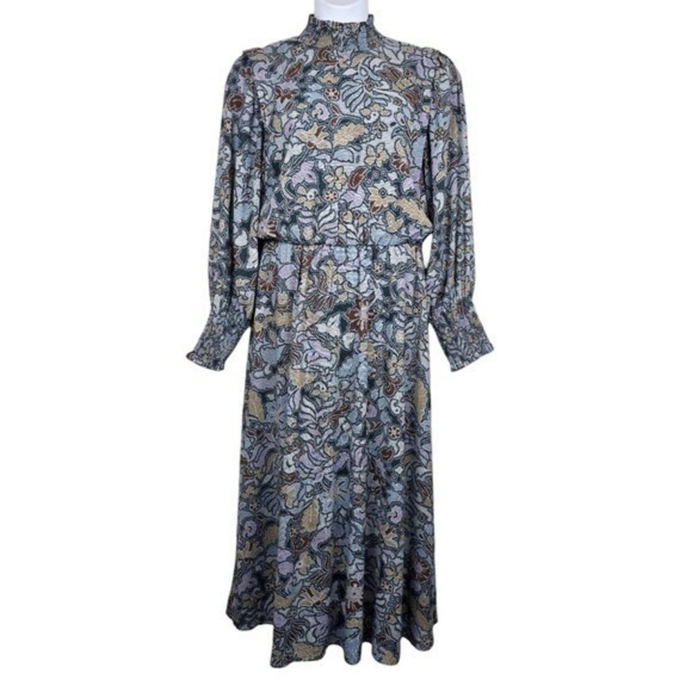 Ann Taylor Womens Long Sleeve Blue Floral Print Mock Neck Midi Dress Size L Tall
